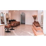 Gray Comfortel Hazel Tan II Shampoo System with Black Basin, Ottoman & 3 x Chloe Tan Styling Chairs Set