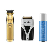 Gray BaBylissPRO GoldFX Outlining Trimmer & Andis ProFoil Lithium Plus Titanium Foil Shaver with Andis Cool Care