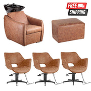 Sienna Comfortel Hazel Tan II Shampoo System with Black Basin, Ottoman & 3 x Chloe Tan Styling Chairs Set